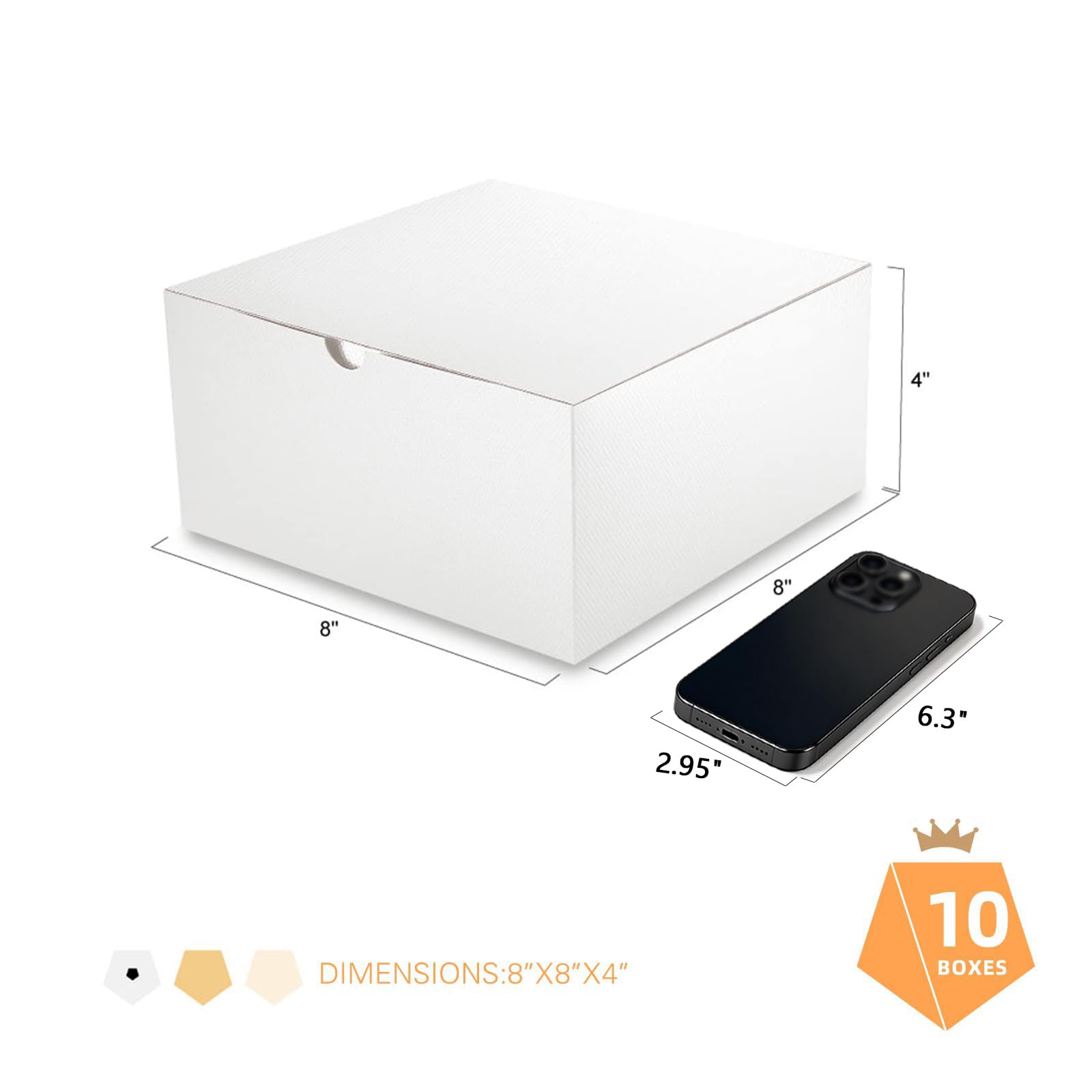 PACKQUEEN 10 Geschenkboxen 20.3x20.3x10.2 cm, Geschenkboxen mit Deckel, Boxen für Geschenke, Brautjungfer, Antragsboxen, weiße Geschenkboxen für leichte Geschenke, Basteln (glänzendes Weiß, Maserung)