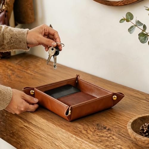 Image of YAPISHI Light Luxury Valet Tray for Men, PU Leather Vanity Jewelry Tray & Decorative Perfume Catchall, Folding Travel EDC Dump Tray, Nightstand Organizer Caddy for Keys, Watches, Coin Bowl Dish
