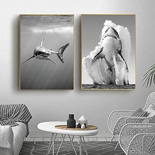 Grand requin blanc affiche monochrome 60x80cm toile art mural contemporain sans cadre