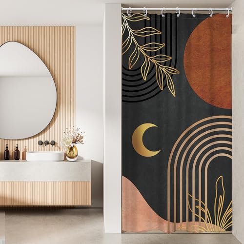 Image of Riyidecor Small Stall Dark Brown Abstract Boho Shower Curtain for Bathroom Decor 36Wx72H Mid Century Minimalist Modern Geometric Gold Palm Leaves Arch Simple Fabric Waterproof Polyester 7 Pack Hooks