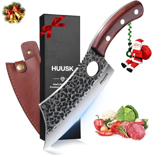 Huusk Meat Cleaver Knife, Hand Forged Butcher Knife for Meat Cutting, Full Tang Viking Knives with