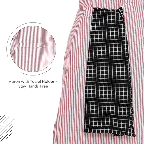 Image of Encasa XO Cotton Cooking kitchen Apron for Women and Men chef apron With adjustable neckstrap, Pocket & Towel Holder for Easy cooking, Baking, BBQ, Gardening- Ticking Red, 68x85 cm