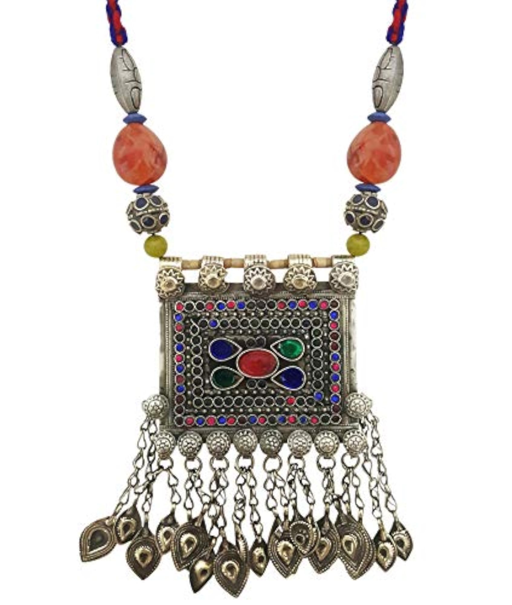 Afghani Tribal Long Necklace with Thread Cord, Bohemian Style