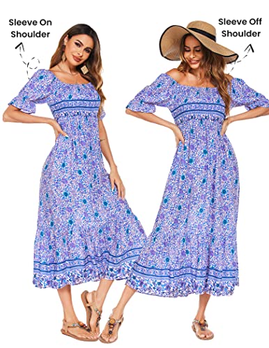 Hotouch Bohemian Print Dress Short Sleeve Square Neck Blue Floral Dresses Maxi Beach Casual Dress (Blue Floral M) #TOP1