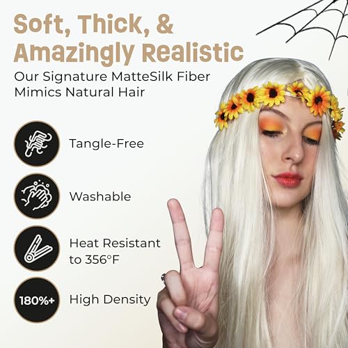Image of ALLAURA Flower Headband Costume Hippy Wigs for Women 70s Costume + Removable Flower Headband Wig Long Blonde Wig Hippie Women