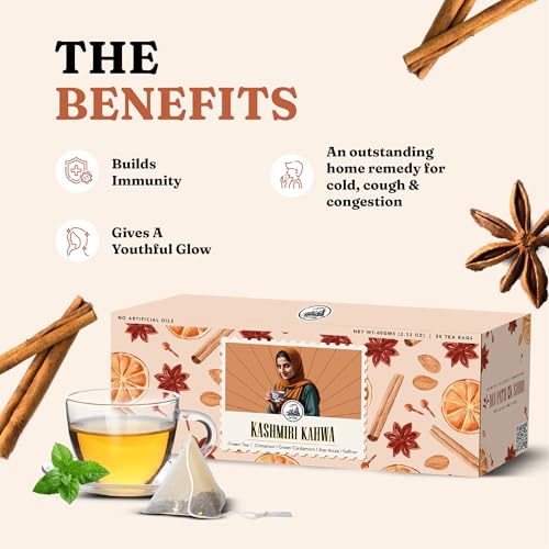 Image of Dorje Teas Kashmiri Kahwa Darjeeling Tea | 30 Pyramid Teabags (Pack of 1) | Selim Hill Estate | Cinnamon, Cardamom, Star Anise & Premium Saffron | Promotes Immunity & Relaxation | Organic Whole Leaf Blend | 30 Cups