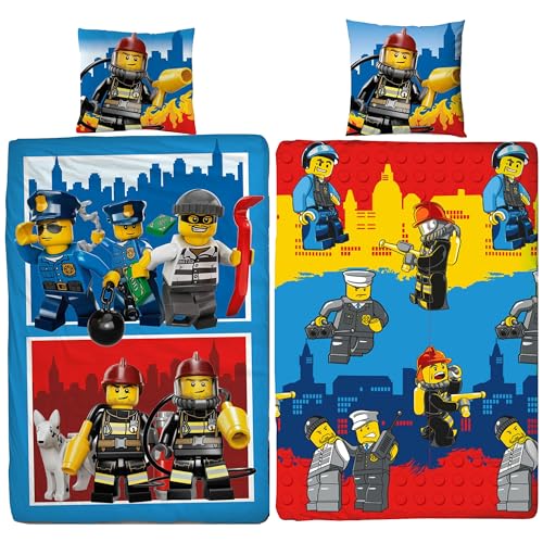 Lego City Classic Crew Parure de lit pour enfant 135 x 200 cm + 80 x 80 cm 100 % coton renforcé linon de qualité police, pompiers, avec fermeture éclair,...