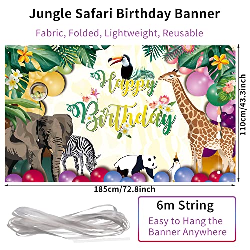 Image of Happy Birthday Banner for Jungle Safari Theme Party Decorations, Fabric Animal Zoo Backdrop Tropical Forest Poster for Boys Girls Wall Supplies, 185*110cm