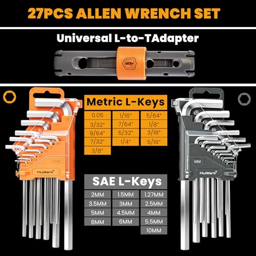 Image of MULWARK 27-Piece Allen Wrench Set Metric and SAE Hex Key Set with L-to-T Torque Handle, CR-V Steel for Auto, Bike, Furniture and Machinery