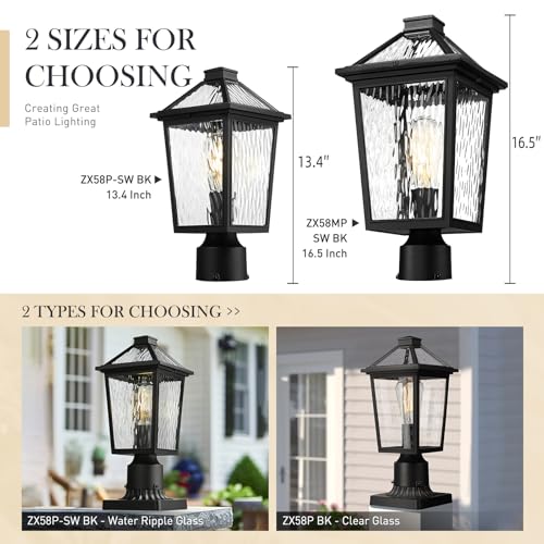 Image of zeyu 13.4 Inch Outdoor Patio Post Lighting, Exterior 2 Pack Post Light Fixtures for Patio Yard, Die-Cast Aluminum with Water Ripple Glass, Black Finish, ZX58P-2PK-SW BK