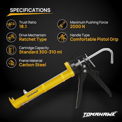 Image of TOMAHAWK TCG-42 Heavy Duty Caulking Gun | 18:1 Thrust Ratio | 2000N High Pushing Power | Ratchet Pushing Rod | Professional Sealant Applicator for Silicone, Adhesive & Construction Sealants