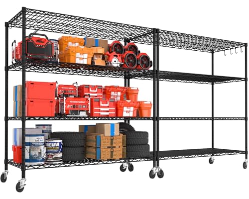 Image of PrimeZone 4 Tier 55.5 inchW x 24 inchD x 80 inchH Heavy-Duty Wire Shelving with Wheels | 4 Tier Wire Garage Shelving Unit, NSF Tote Storage Rack, Industrial Metal Shelves, 4 inch Rolling Commercial Shelf Organizer 2PCS