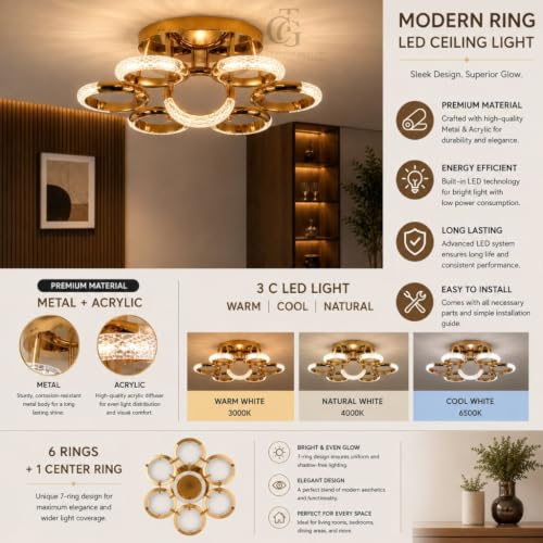 Image of Modern Ring Cluster LED Ceiling Fixture-6+1| Sculptural Blooming Rings Mount with 3C LED | French-Gold Decorative Fixture for Bedroom, Living Room & Dining Room