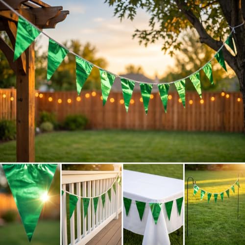 Image of 65FT Green Glitter Triangle Pennant Banner Flag Metallic Bunting Fabric Garland for Christmas Graduation Safari Birthday Tropical Jungles Wedding Bachelorette Engagement Party Decoration Supplies