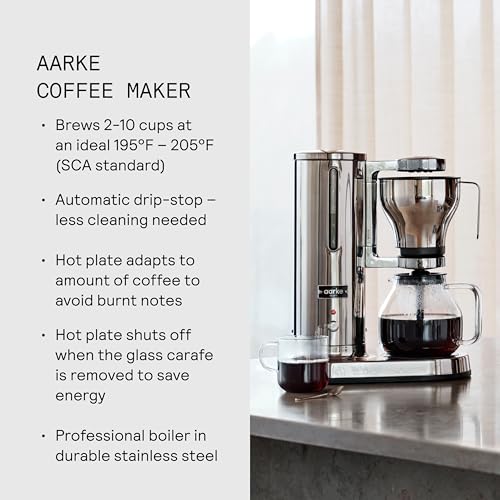 aarke Coffee Maker - Electric 10 Cup / 42 fl oz Drip Brewer with Automatic Drip-Stop, Glass Carafe, Brews Full Pot in Under 6 Minutes, SCA certified, Stainless Steel