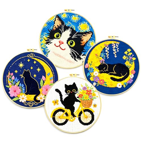 Image of Zhenqing Cat Stamped Cross Stitch Kits for Adults Beginners, DIY Animals Cross Stitch Patterns Kits Printed Needlepoint Kits,Crafts Embroidery Kits for Home Decor-Cat-Themed 4-Piece Set(69207)