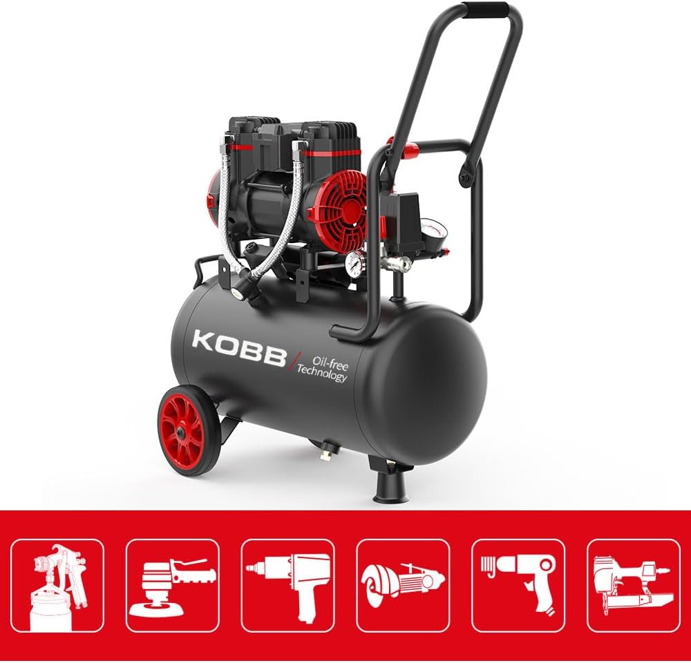 KOBB KBK25S Air Compressor with icons of various pneumatic tools it can power: paint gun, orbital sander, impact wrench, air duster, nail gun, stapler