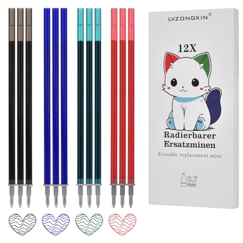 12 Mines de rechange compatibles avec Legami, [3 Noir, 3 Bleu, 3 Rouge, 3 Vert, pack de 12, 0.7 mm] Compatibles avec les stylos LEGAMI, mines rechargeables pour stylos gel effaçables