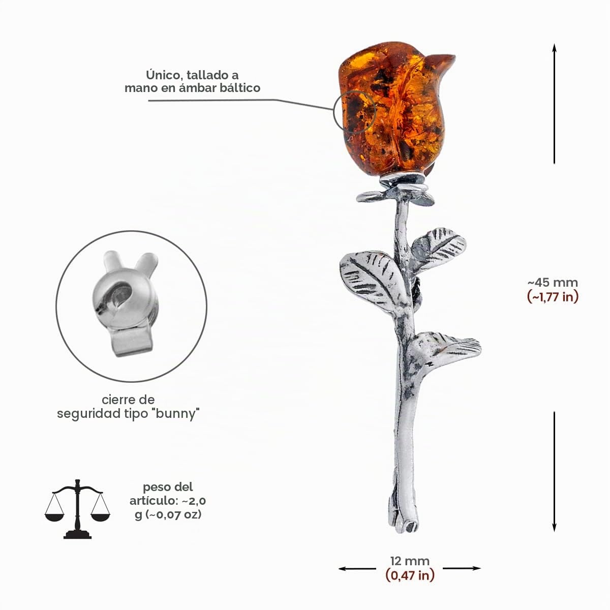 Broche para mujer, plata 925 oxidada, ámbar roslein tallado a mano, pequeño broche de plata con rosa ámbar en color coñac 2g, Plata esterlina, Ámbar