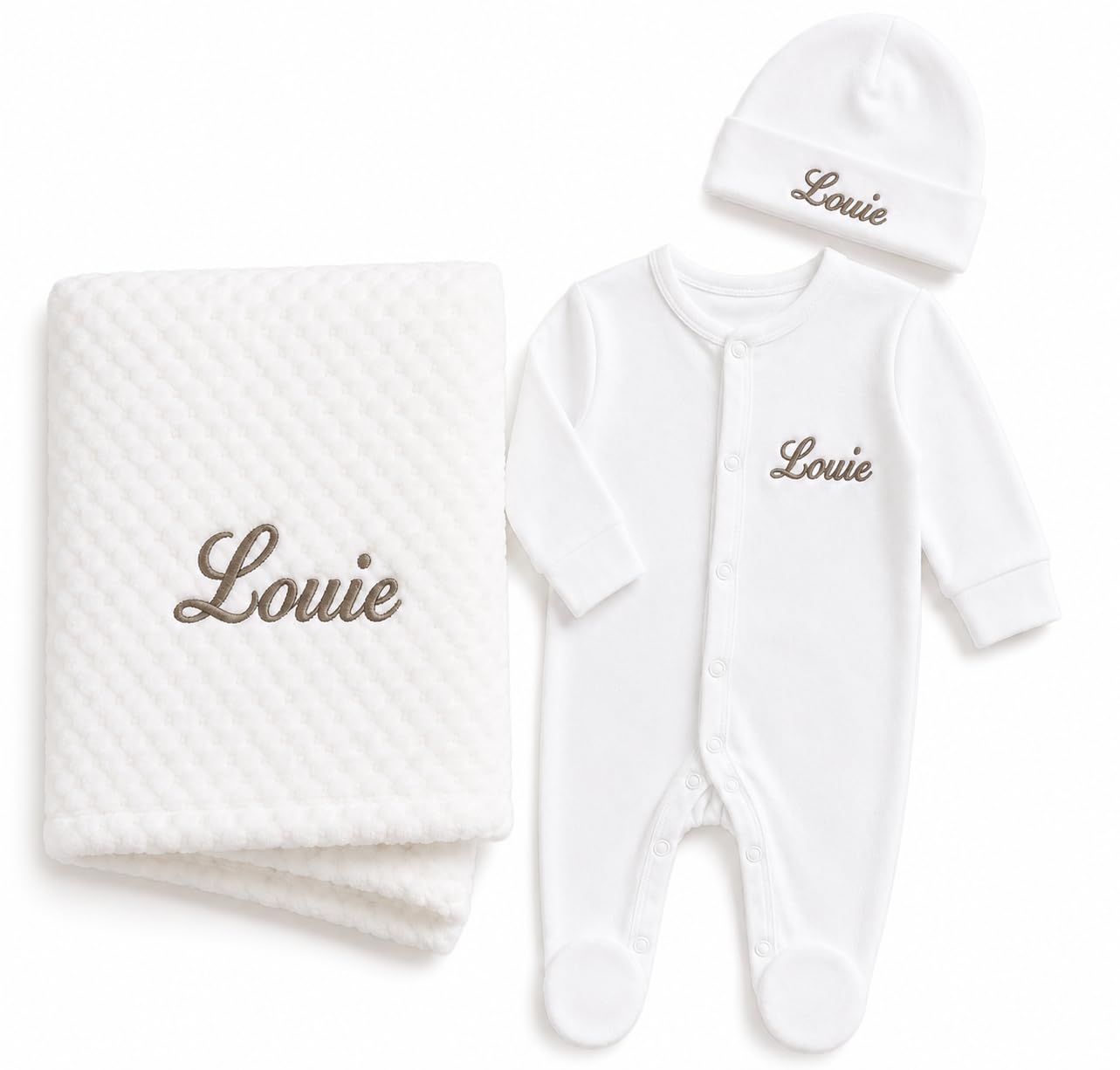 Lobeko Personalised Baby Gift Set for Newborn Baby, Embroidered Waffle Blanket, Cotton Sleepsuit & Hat 0–3 Months – Custom Baby Name for Boys, Girls & New Parents (Taupe Thread Colour)