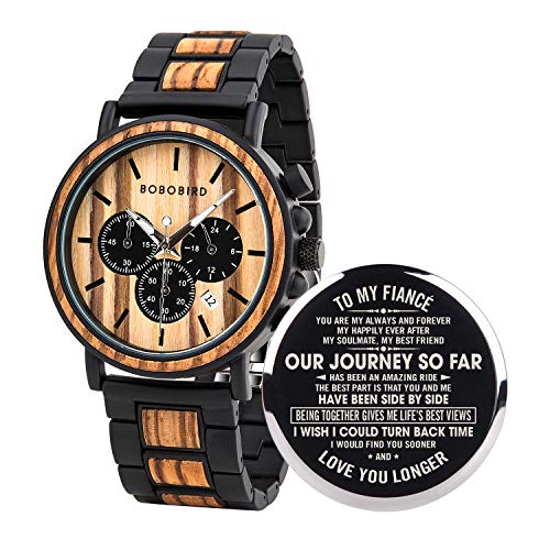 Product Image of the BOBO BIRD Mens Personalized Engraved Wooden WatchesStylish Wood & Stainless Steel Combined Quartz Casual Wristwatches for Men Family Friends Customized Watch (A-for Fiance)