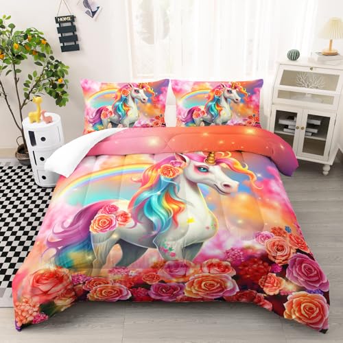 Ntlfup Unicorn Bedding Set for Girls, Cute Pink Rainbow Comforter Set,3D Printed Bedding, Perfect for Girls and Teens, All-Season Full Quilt, Includes 2 Pillowcases
