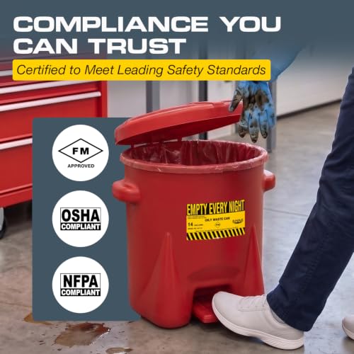 Image of Eagle Oily Waste Can, Self-Closing Lid, 14 Gallon, Made in the USA, Red