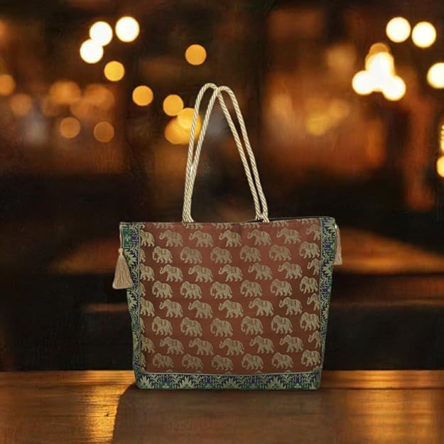 Image of Hand Purse | Traditional Hand Purse | Silk Wallet Hand Bag | Shagun HandPurse | Gifts HandBag | Golden Handle Tote Handbag | Brocade Shoulder Bag | 16 INCH