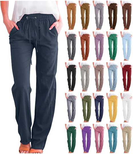 Women Linen Pants 2025 Summer Casual High Waist Drawstring Wide Leg Trousers With Pockets Beach Vacation Clothes