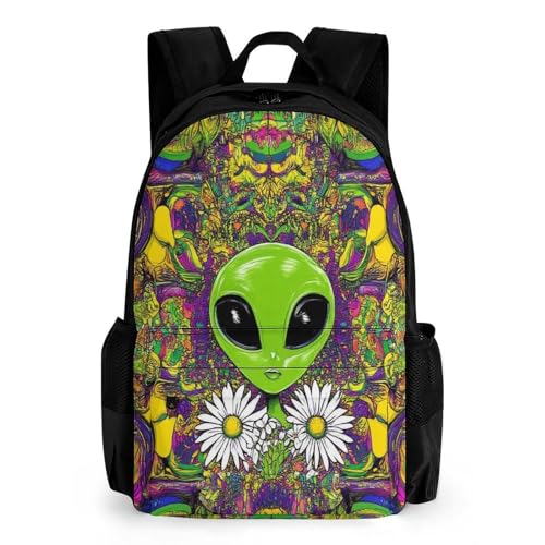Backpack with Zippered Side Pockets, Unisex Trippy Space Alien Daisy Flowers Art Breathable Backpack for Hiking, Gym, Fashion Adjustable Shoulder Bag