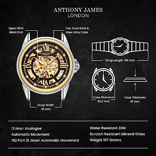 Image of Anthony James Skeleton Automatic Wrist Watches Men - Hand Assembled Water & Scratch Resistant Analogue Watch with Split Seconds Counter - Analogue Watches Men