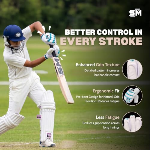 Image of SM Force Batting Gloves | Cricket Gloves | Superlight Match Performer | Premium Calf Skin Leather | Fibre Shielded Fingers | Nylon Gusset Ventilation | Youth Competition Gloves | Size Youth