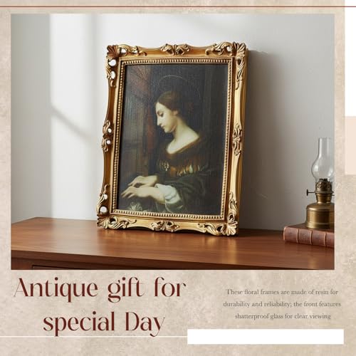 Image of Wonderjune 7x9 Inch Vintage Gold Picture Frame, Carved Resin Antique Ornate Frame for Tabletop or Wall Hanging Display, Victorian Baroque Home Decor(Rectangle)