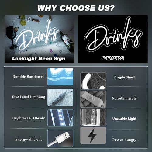 Image of Looklight Drinks Neon Sign Bar Neon Signs for Wall Decor Neon Sign For Room White Neon Light Sign Led Neon Bar Signs USB Connectivity Light Up Wall Decor for Teen Room Bedroom Store