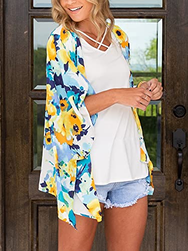 Image of Chunoy Women Summer Chiffon Floral Kimono Cardigan Cape Short Sleeve Casual Lightweight Beach Wear Cover Up Yellow Small