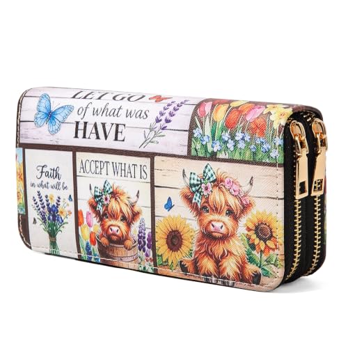 Image of Highland Cow Wallet for Women, Double Zip Wallet with Card Slots Womens Sunflower Wallet, Faux Leather Western Wallet, Large Capacity Wallet Gift for Women