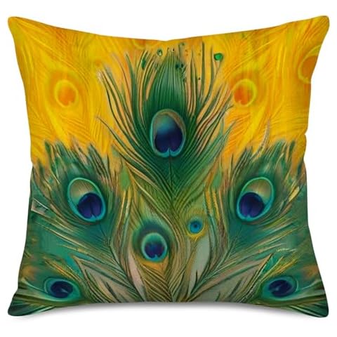 Qinqingo Peacock Throw Pillow Covers Cotton Linen Colorful Peacock Feather Decorative Throw Pillow Case Cushion Cover Home Sofa Decor Toss Pillow Pillowcases 18" x 18" (PF#18) Cover