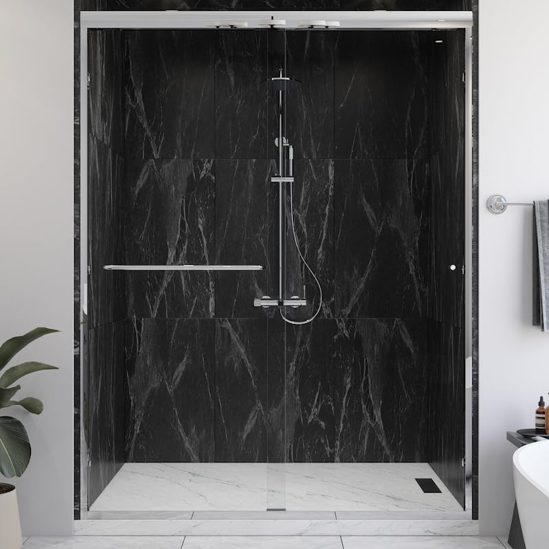 Traditional 56-59" W x 76" H Semi-Frameless Double Sliding Glass Shower Door with 5/16" Clear Tempered Glass (Chrome)