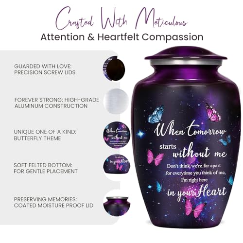 Image of Purple Butterfly Urns for Human Ashes Adult Female & Male with Black Cross Ash Necklace | Handcrafted Purple Urn for Ashes for Women & Men | Large Decorative Urns for Funeral Up to 220lbs