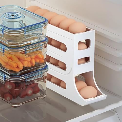 Image of Accohom 30 Eggs Tray Storage Box Baskets Holder Dispenser Refrigerator Space-Saving Stackable Plastic Automatic Roller Organizer Storage Containers for Kitchen Tools Items (Pack of 1)
