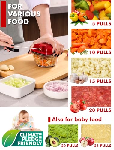 Geedel Zwiebelschneider, Zwiebel Zerkleinerer mit Seilzug, Gemüseschneider Zerkleinerer Manuell mit Edelstahlklingen, Multizerkleinerer Zwiebelhacker für Gemüse, Obst, Zwiebeln, Nüsse, Knoblauch 200ML 2