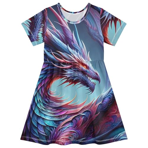 Girls Summer Dress Short Sleeve A Line Cool Dragon Casual Dresses for Kids 2-8 Years