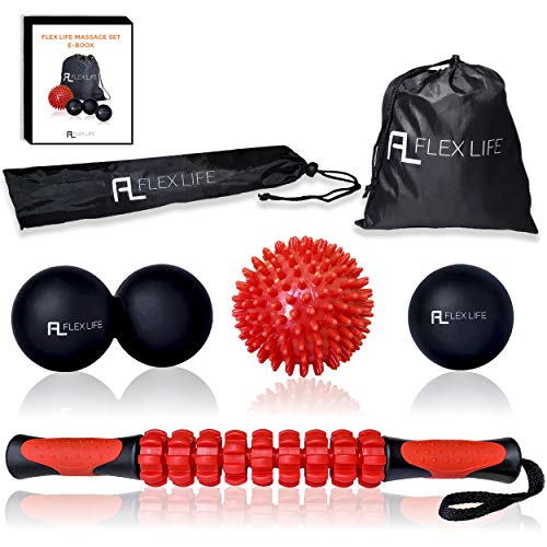 Massage Ball Set and Muscle Roller Stick Kit - Lacrosse Ball/Double Peanut Ball/Spiky