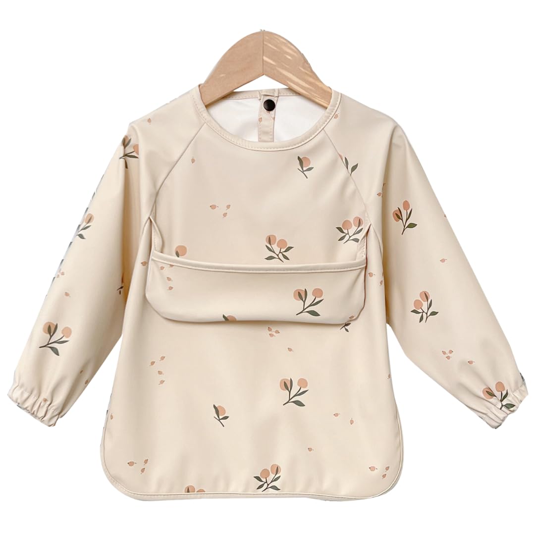 Alimos Olive Long Sleeved Baby Bib 12-36 Months - Reversible Front Pocket For Baby Led Weaning - Waterproof & Easy To Clean - Ideal For Messy Mealtime - Cute & Practical Baby Feeding Bib(Olive)