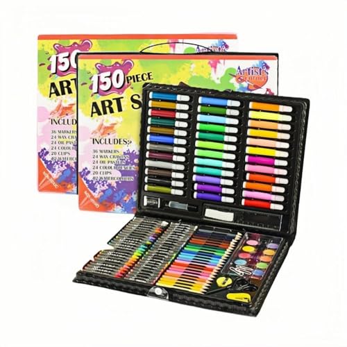 Image of Cable World Arts and Crafts Supplies, 150-Pack Drawing Painting Set for Kids Girls Boys Teens, Coloring Art Kit Gift: Crayons, Oil Pastels, Watercolors Cake, Colored Pencils Markers