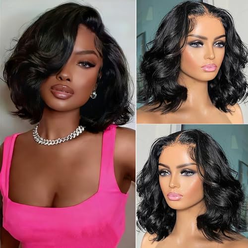Glueless Bob Wig Human Hair Pre Cut 180% Density Wear and Go Glueless Wig Human Hair 5x5 Body Wave HD Transparent Lace Front bob Wigs For Black Women Pre Plucked Hairline Natural Black 12 inch