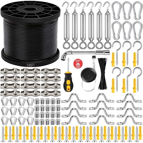 YingYa BIS 246FT Black Vinyl Coated 304 Stainless Steel Wire Rope Cable Kit Heavy Duty Outdoor String Light Hanging Guide Wire with M5 Turnbuckle for Patio Garden Christmas Lights
