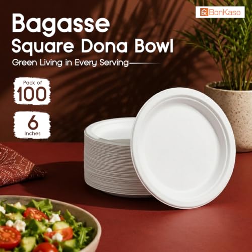 Image of Bonkaso 6 Inch, Pack of 100 Bagasse Disposable Round Plates (White)| Eco-Friendly Sugarcane Paper Plates | Biodegradable, Compostable & Sturdy | Ideal for Snacks, Desserts, Parties, Weddings & Events