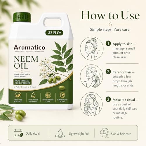 Image of AROMATICO Neem Oil for Skin, Hair and Body Care, Multipurpose Carrier Oil for Massage, Scalp Care, Dry Skin Routine, DIY Beauty and Natural Glow - 946 ml