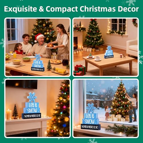 Image of 4 Pcs Christmas Wooden Tiered Tray Decor, Snowflake Christmas Decorations Gifts for Home, Winter Table Centerpiece for Xmas Party Kitchen Office